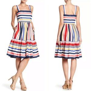 NEW Vince Camuto Multicolor Striped Cotton Midi Dress w/ Flounce Hem Sz. 8